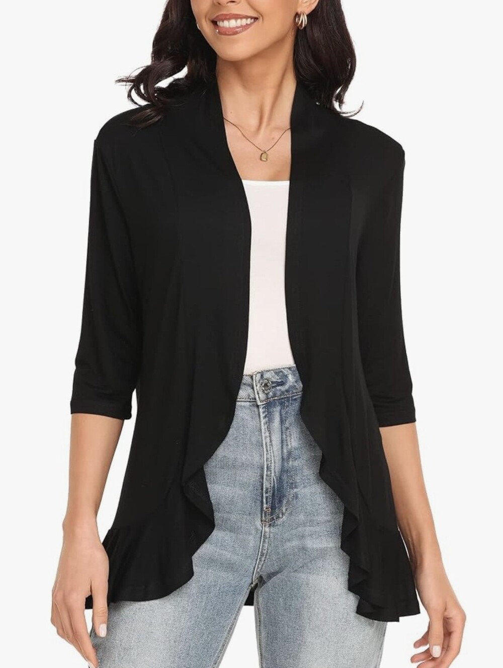 Black Open-Front Ruffle Hem Lightweight Cardigan